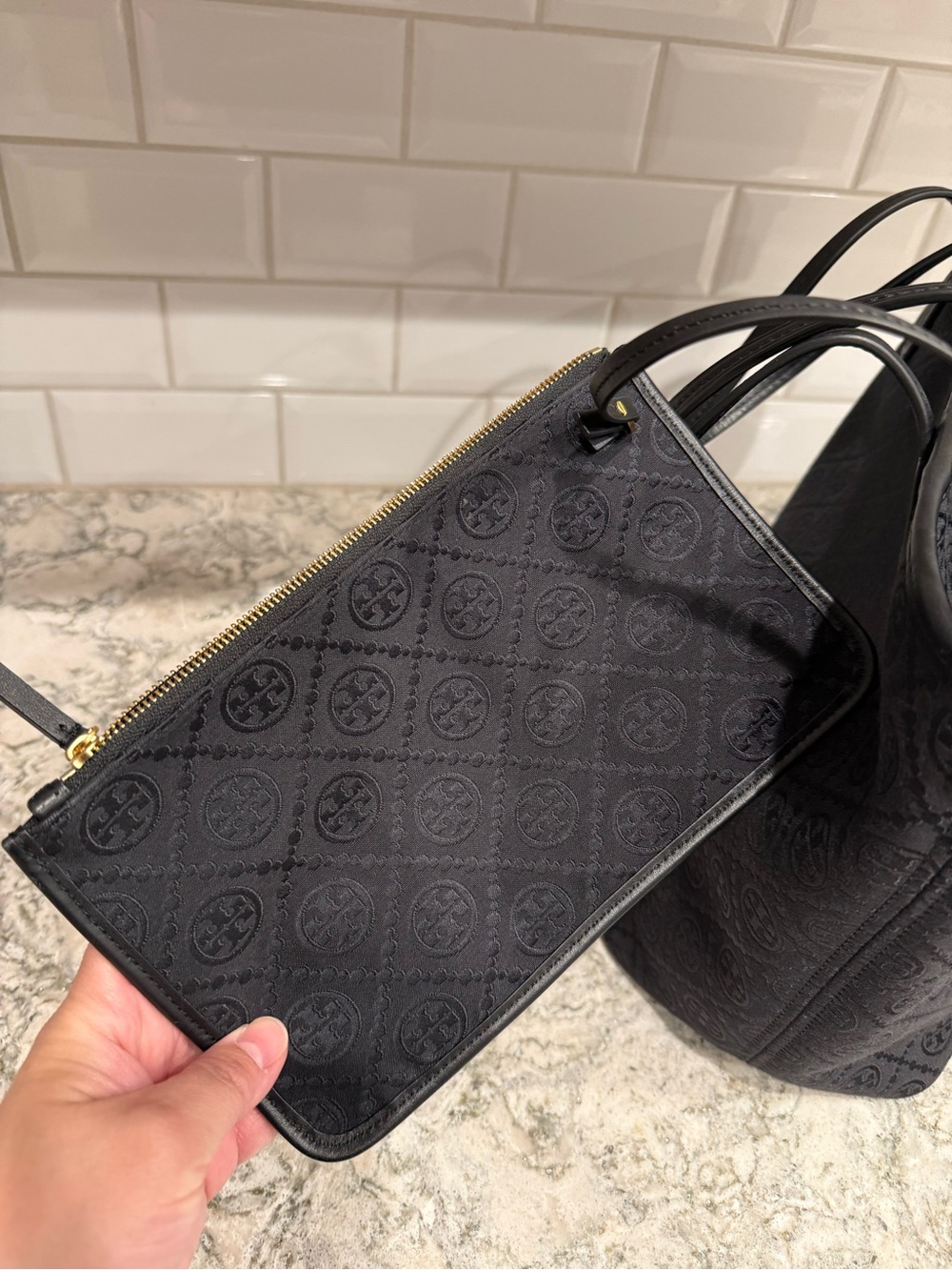 Tory Burch Black Jacquard Logo Tote with Gold Accent - Picture 5 of 7